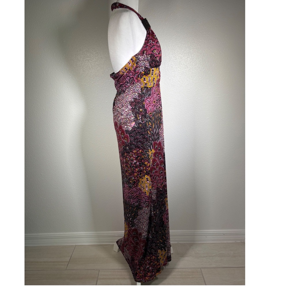 Y2K 2000s Pink Purple Paisley Halter Maxi Dress Beaded Backless Boho Medium - Picture 2 of 8